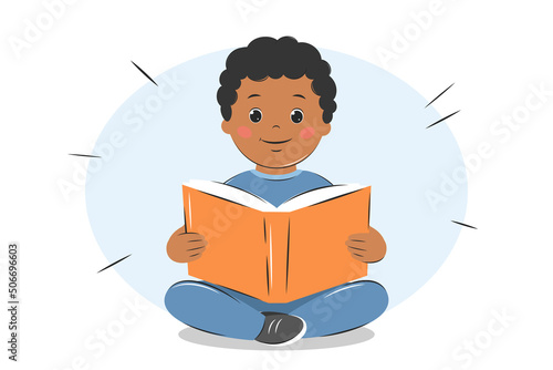 Afro American boy kid reading book. Knowledge and education concept. Vector illustration