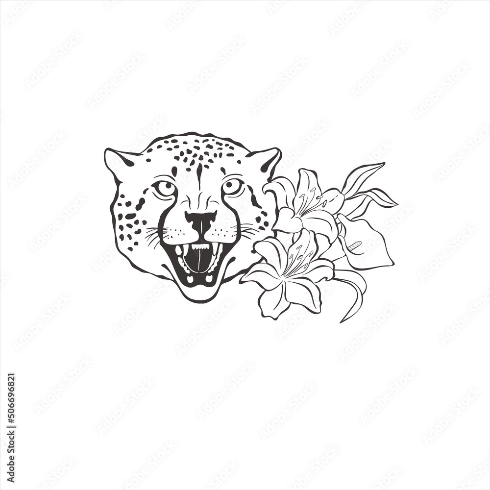 Cheetah with lily flowers on white background.