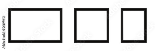 Black photo frame various set. Realistic empty frames mockups. Vector isolated on white.