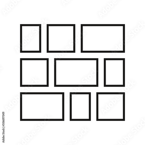 Collage of black photo frames. Realistic empty frame mockup set on wall. Picture elements collection. Vector isolated on white.