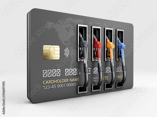 3D rendering of Credit card with fuel pump nozzle. Clipping path included