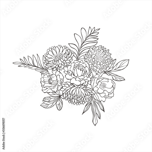 Bouquet with aster and peony flowers and leaves.
