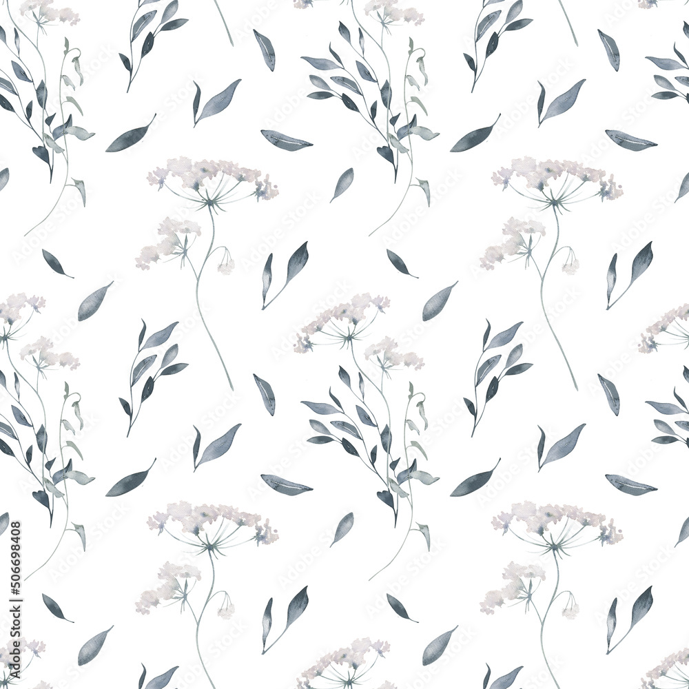 Fototapeta premium Watercolor Seamless Pattern Background with Leaves and Umbrella Flower on White Background.