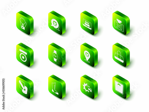 Set Boxing helmet, ring, Sport mechanical scoreboard, bag, Bathroom scales, Punch boxing glove and shoes icon. Vector