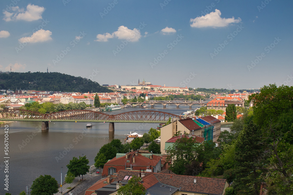 View of Prague Castle from Vysehrad over Vltava river.