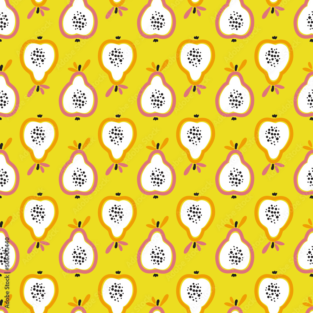 Juicy Pears. Fruit Summer Yellow Background. Seamless Pattern with Pear Slices or Guava. Colorful Fruits Wallpaper. Vector Food. Juicy Pears. Fruit Summer Yellow Background. Seamless Pattern with Pear Slices or Guava. Colorful Fruits Wallpaper. Vector Food.