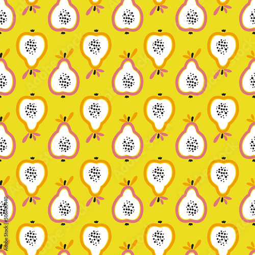 Juicy Pears. Fruit Summer Yellow Background. Seamless Pattern with Pear Slices or Guava. Colorful Fruits Wallpaper. Vector Food.