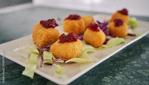 Gourmet restaurant dish. Croquettes, typical Spanish food