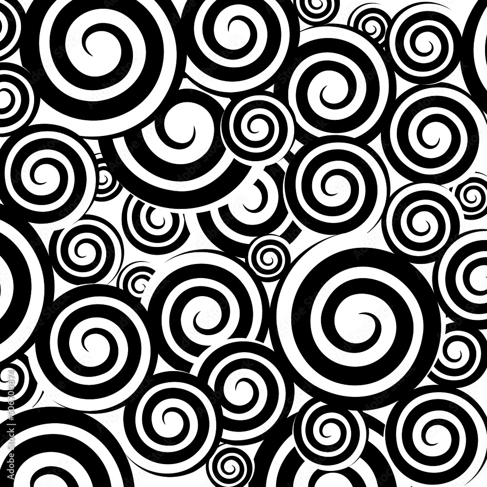Vector black and white image of abstract spirals on a white background.