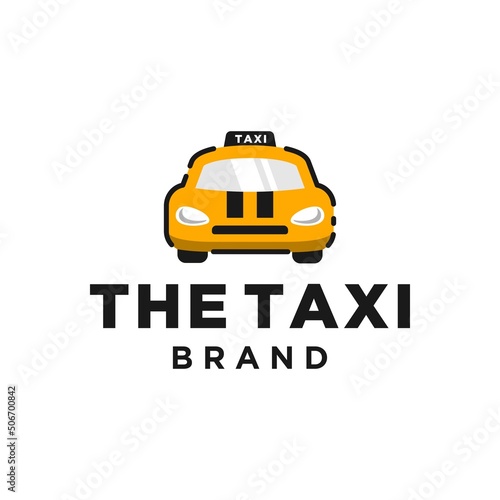 taxi logo design. yellow cab with black stripes cartoon illustration. Child transportation drawing design 