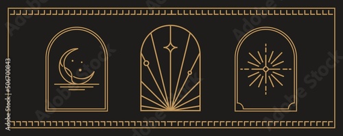 vintage line art of Bohemian golden logo art collection, icons and symbols, sun and moon, arch window design geometric abstract design elements for decoration.