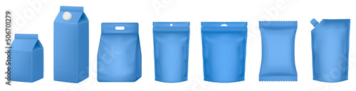Set of milk cardboard package. Vector zip bag. Realistic carton package with cap. Box for dairy products. Pouch and doy pack mockups. Blue flow pack, sachet