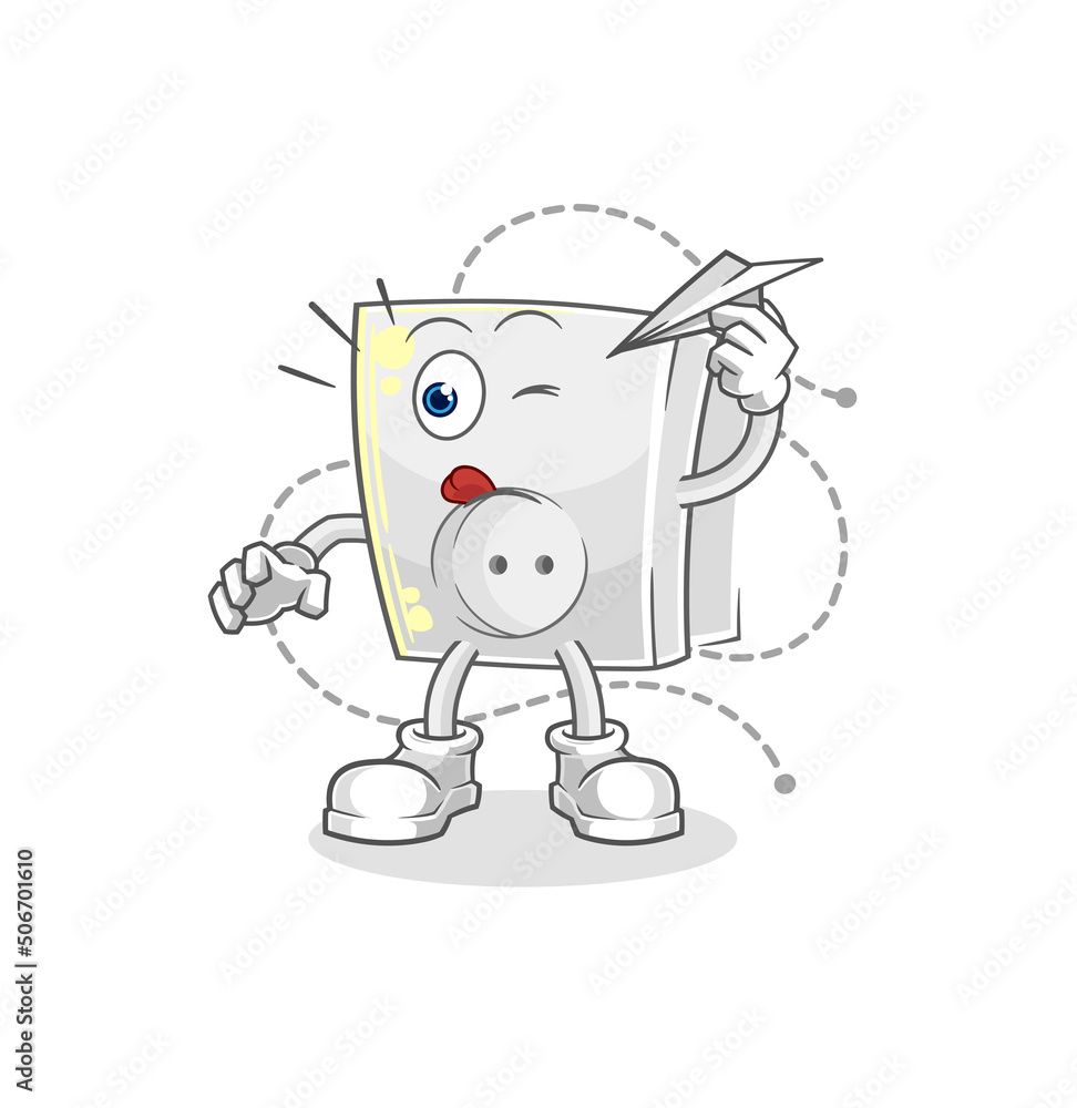electric socket with paper plane character. cartoon mascot vector