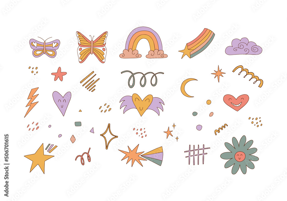 Naklejka premium Retro clip art. Abstract shapes, funny comic cute characters and doodles. Vintage stickers. Heart smiles. Collection of hippy elements. Vector illustration.