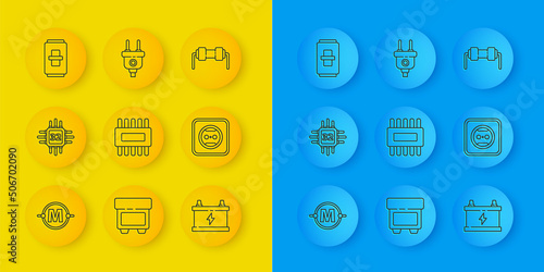 Set line Electric circuit scheme, Processor with microcircuits CPU, Car battery, Electrical outlet, light switch, Resistor electricity and plug icon. Vector