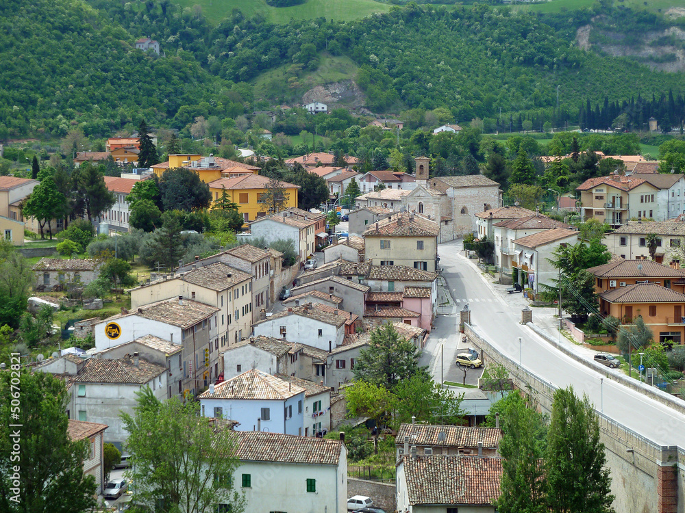 A panorama of the quaint and historic town of Fossombrone in the Le Marche region of Central Italy  -
