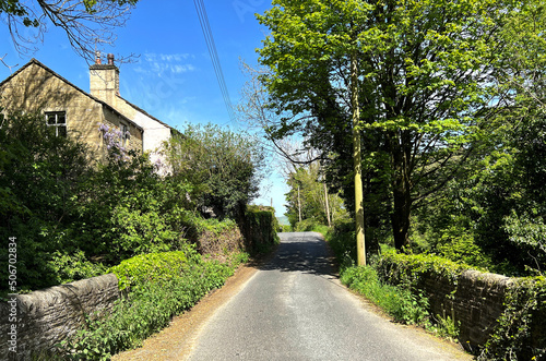 Country scene, looking down, Netherghyll Lane, with stone walls, wild plants, and cottages in, Cononley, Keighley, UK