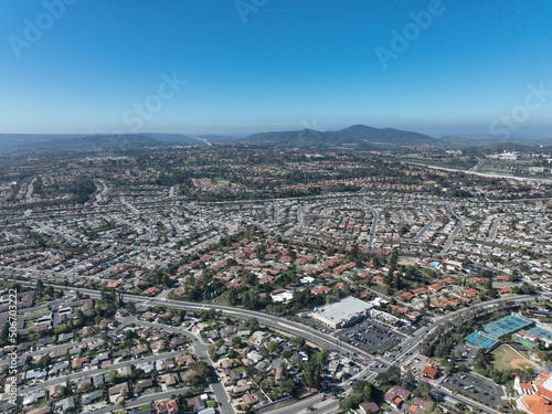 Aerial view of middle class neighborhood with villas in South California, USA