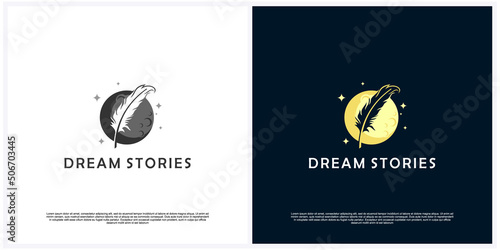 Creative moon logo with feather design template. Premium Vector dream feather logo inspiration