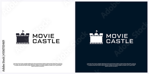 Movie black with castle logo design premium Premium Vector