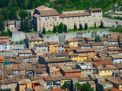A beautiful panoramic view of the old town of Fossombrone in the Le Marche region of Central Italy showing the colourful old traditional houses and the historic Corte Alta 
