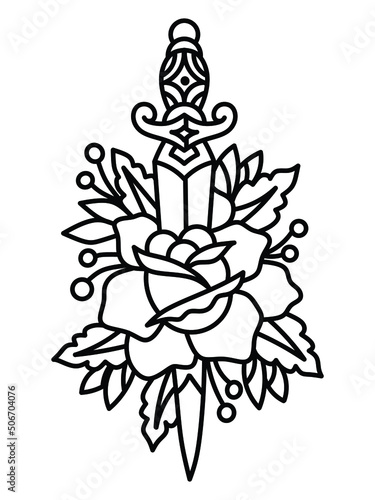 Tattoo sketch with dagger and rose. Hand drawn illustration converted to vector