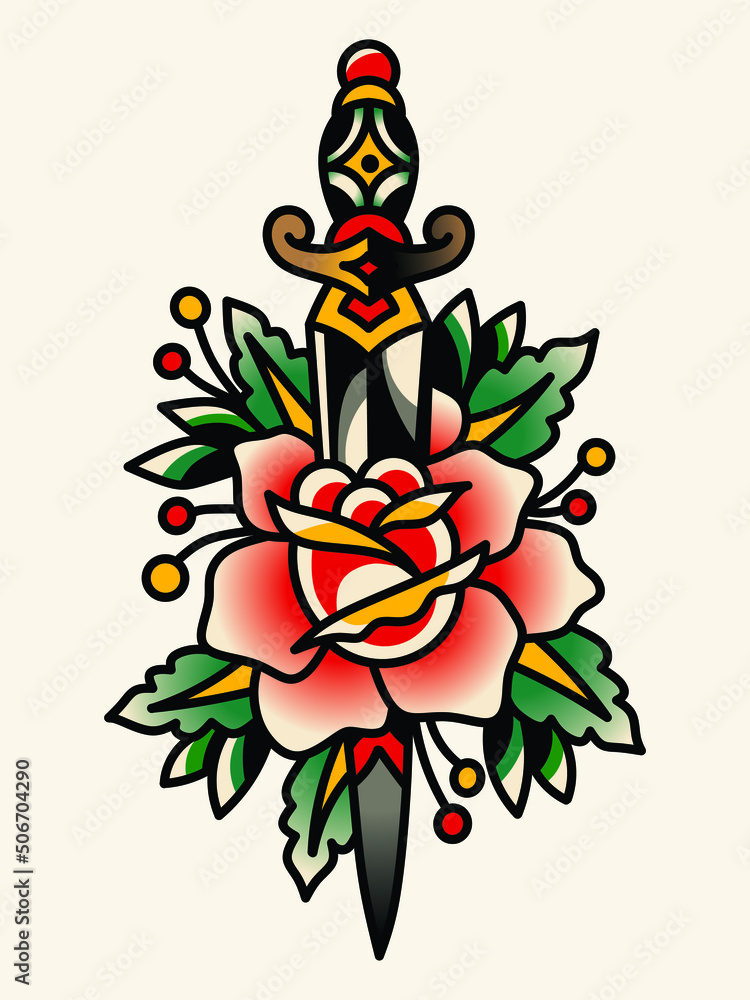 Traditional tattoo flash rose with knife. Vector illustration Stock Vector  | Adobe Stock