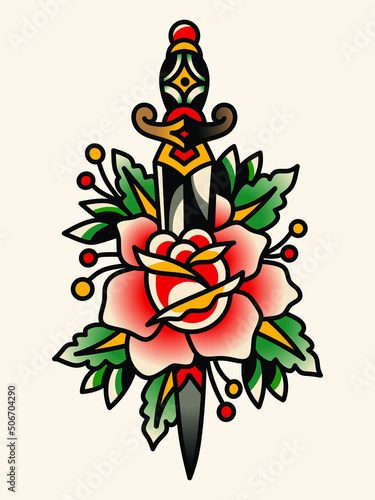 Traditional tattoo flash rose with knife. Vector illustration