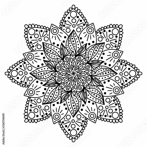 Floral, hand drawn aster mandala flowers in doodle style isolated on white background. Сoloring page for adult and kids, decorating kids playroom or greeting card. Chrysanthemum, Lotus.