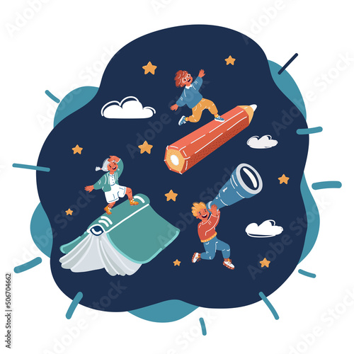 Cartoon vector illustration of Back to school! Happy child flying on the pencil and kids fly on book on sky. Concept of education and reading. The development of the imagination.