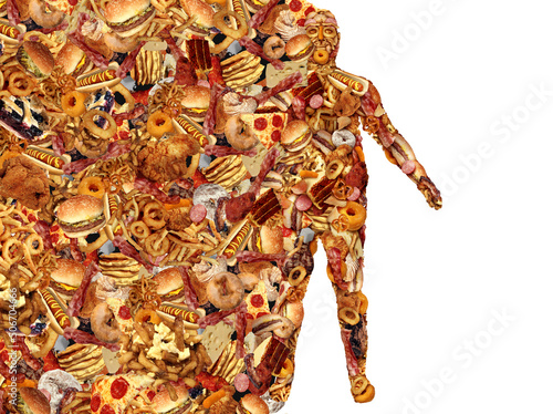Fotografie Fast Food and the Human body made of junkfood as a nutrition and dietary health problem concept as an obese person or obesity and diabetes symbol as a huge group of unhealthy fast food and snacks