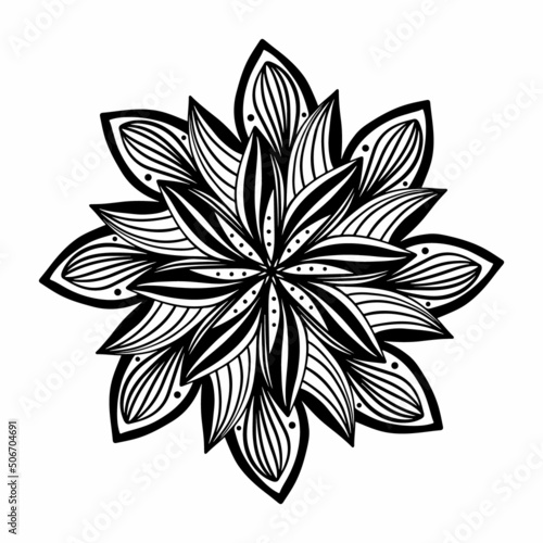 Floral, hand drawn aster mandala flowers in doodle style isolated on white background. Сoloring page for adult and kids, decorating kids playroom or greeting card. Chrysanthemum, Lotus.