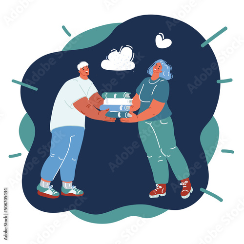 Cartoon vector illustration of man hold Stack Books and give it to woman. Bookcrossing concept.