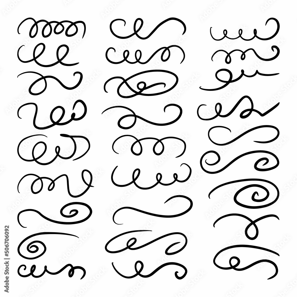 Curls abstract scribble with hand drawn line. Doodle decorative curls, swirls, flourishes and text calligraphy dividers collection. Simple vintage elements isolated on white background for design.