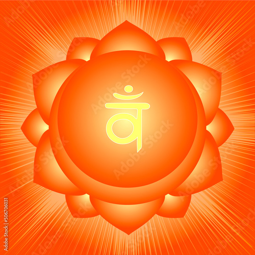 The second Swadhisthana chakra with the Hindu Sanskrit seed mantra Vam . Orange is a flat-style symbol for meditation, yoga. vector