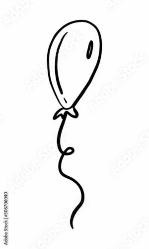 Vector hand drawn air balloon for birthday party, celebration. Doodle oval form, round shape ballon gift with wavy lines, ribbons. Scribble, wavy, swirls, twirls. Scribble adult and kids coloring page