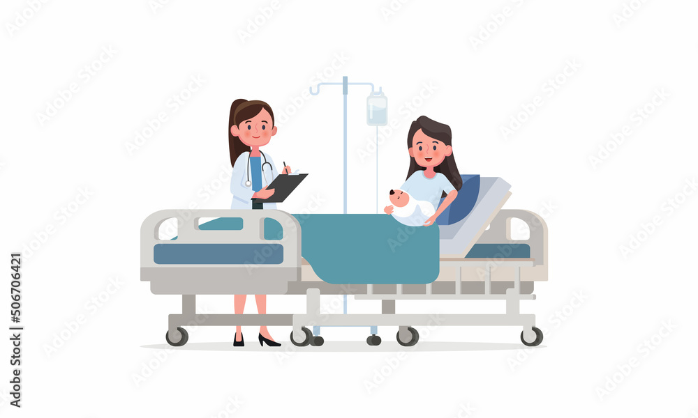 Doctor and mother with newborn baby in modern maternity ward