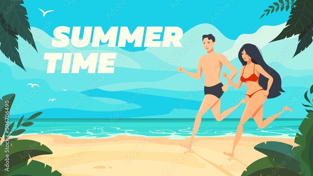 Running girl and guy on a tropical beach. Summer time banner. Vector illustration.