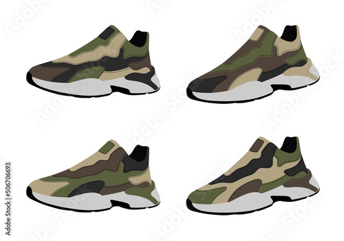 Tactical camouflage sneakers in vector.The logo of the sneakers in the vector.Sports summer sneakers in vector on a white background.
