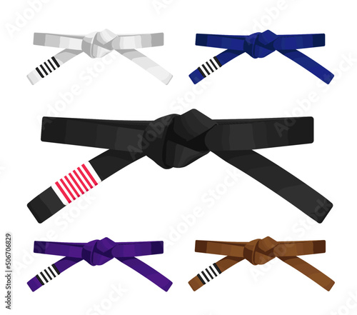 Brazilian Jiu Jitsu adult belts rank system. Vector illustration isolated on white. Bjj white blue, purple, brown and black belt with stripes Template for logo posters and other.	
