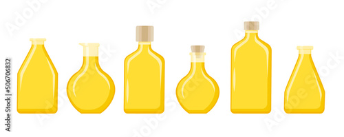 Set of different Glass flasks of oil with a cork. Glass bottle of oil flat vector illustration. Oil Composition. Isolated design on white background.