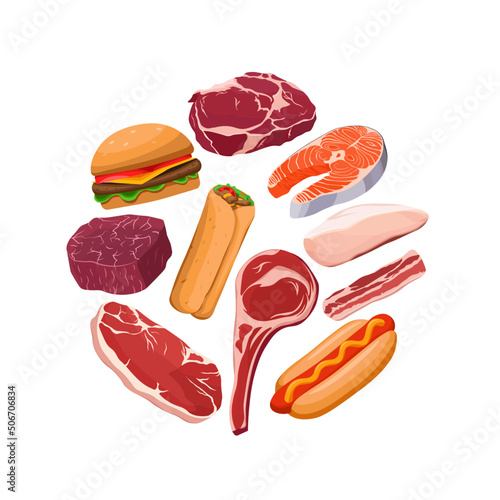 Collection of different meat foods flat vector illustration. Meat, fish, fast food. Proteins. Isolated illustrations in circle.