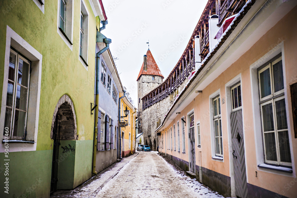 Old town of Tallinn, old narrow streets and ancient buildings. Medieval architecture of Tallinn old town, Estonia