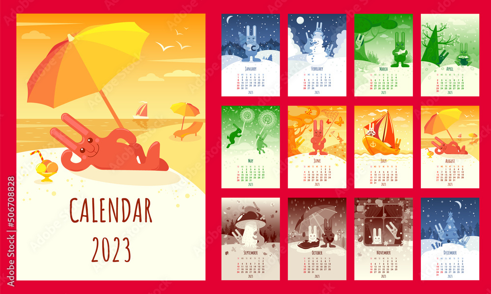 Obraz premium Calendar 2023 with the symbol of the year a cheerful cartoon Rabbit with a cover and 12 pages
