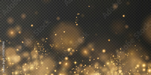 Christmas background. Powder PNG. Magic shining gold dust. Fine  shiny dust bokeh particles fall off slightly. Fantastic shimmer effect. 