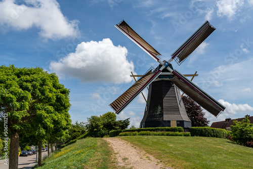 Traditional dutch windmill named Nooit Gedacht in Arnemuiden, Province Zeeland, The Netherlands 