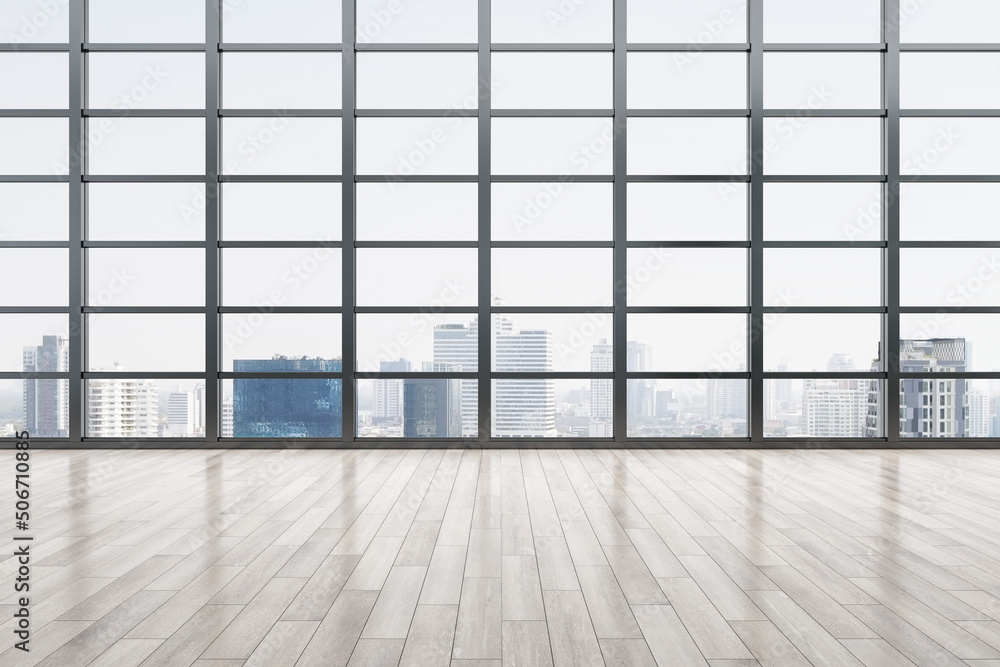 Great city view from big lattice window in empty spacious hall with wooden floor. 3D rendering Great city view from big lattice window in empty spacious hall with wooden floor. 3D rendering