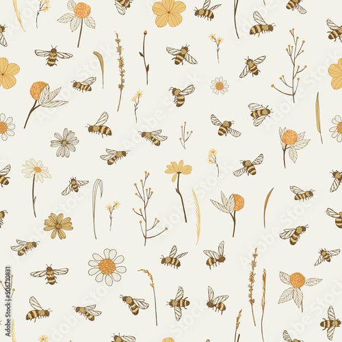 bees and flowers vector seamless pattern