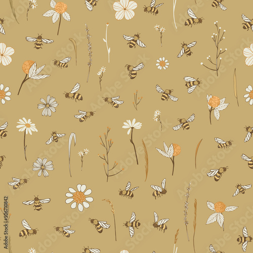 bees and flowers vector seamless pattern