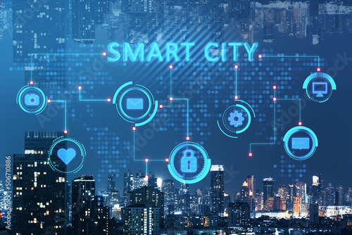 Smart city and communication network, internet of things, information and communication network concept with night city skyline and digital social media icons. 3D rendering
